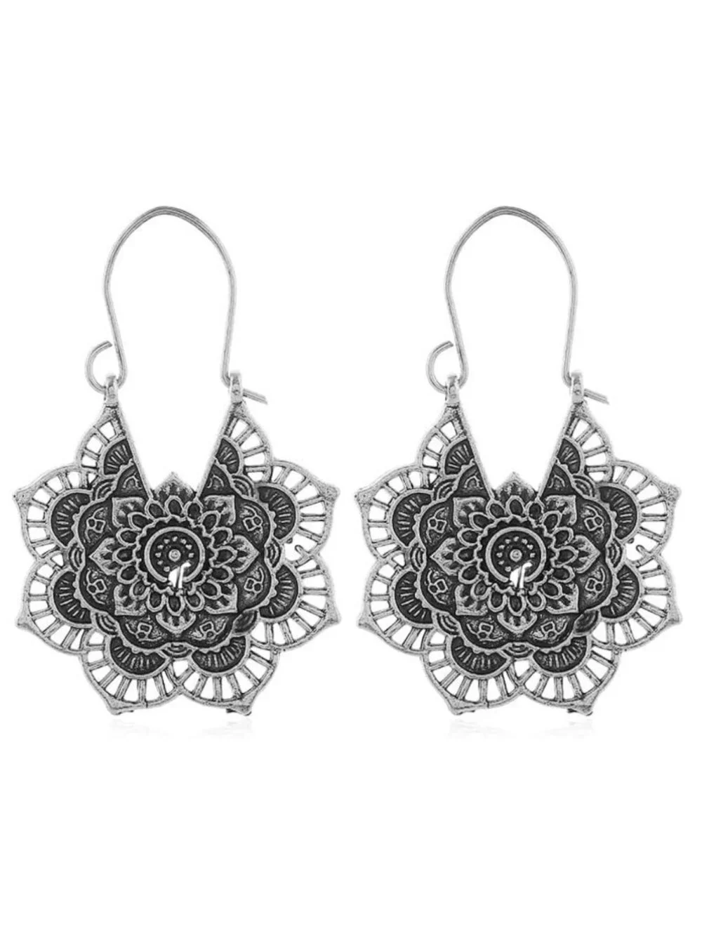 Mandala Style Silver Drop Earrings Lightweight Boho Floral Design